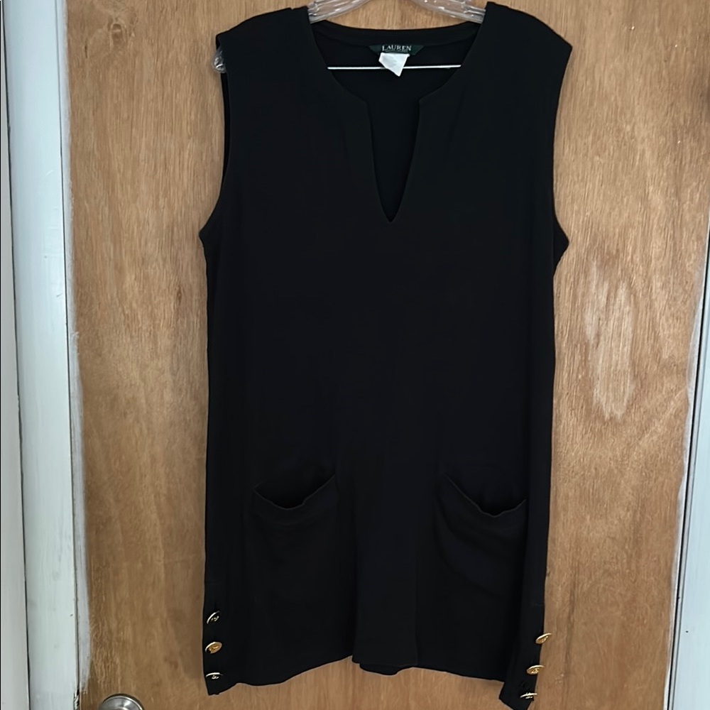 Black Sleeveless Dress with Gold Button Accents